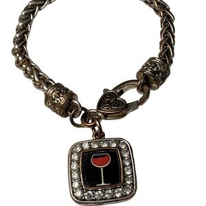 Wine Glass Rhinestone Charm Bracelet Silver Tone Toggle Clasp